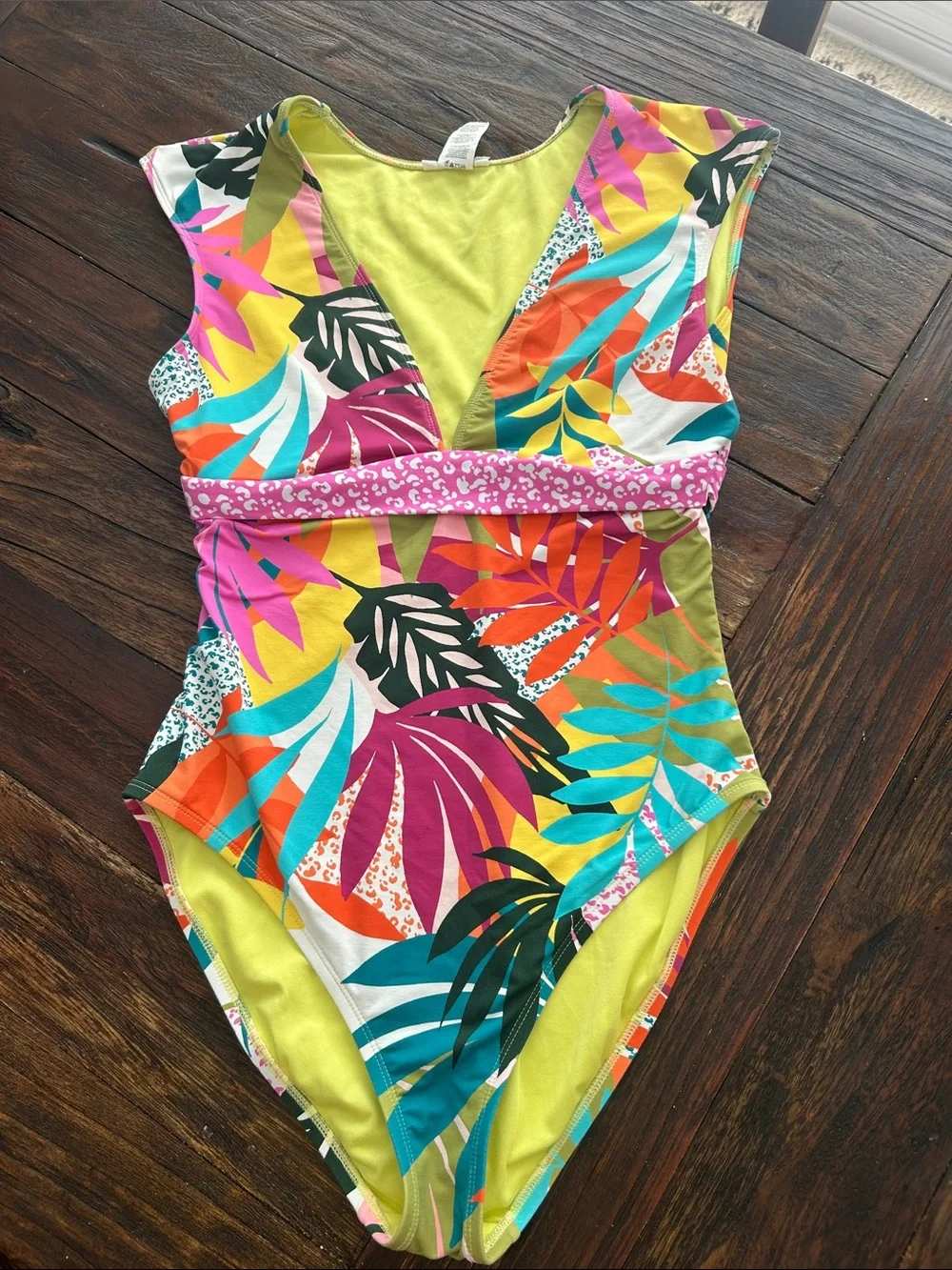 Tropical Multi-Color One-Piece Swimsuit - V-Neck, Pink Waistband